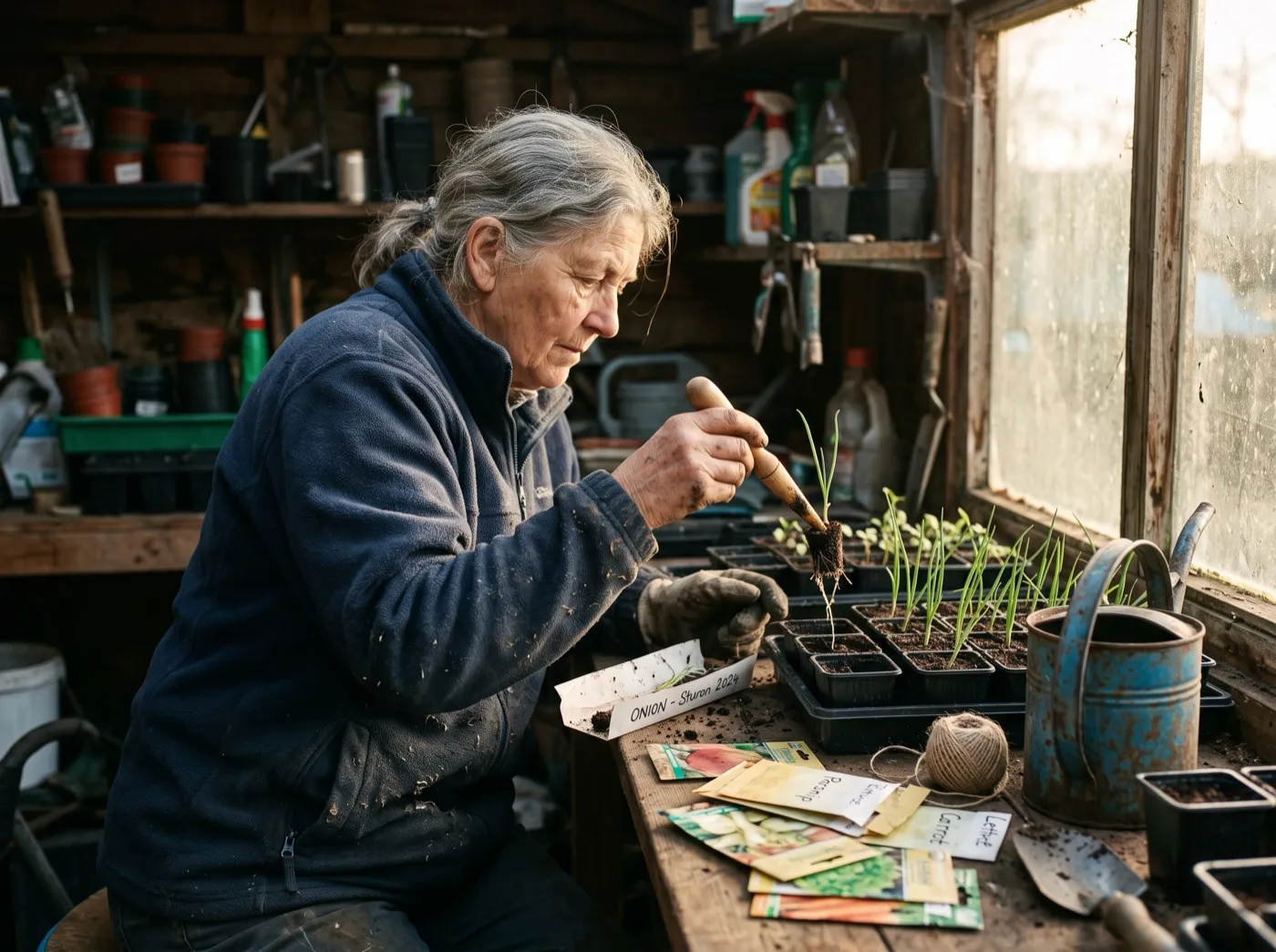 A gardener pricking out onion seedlings from an unrolled seed snail strip into small pots in an allotment shed