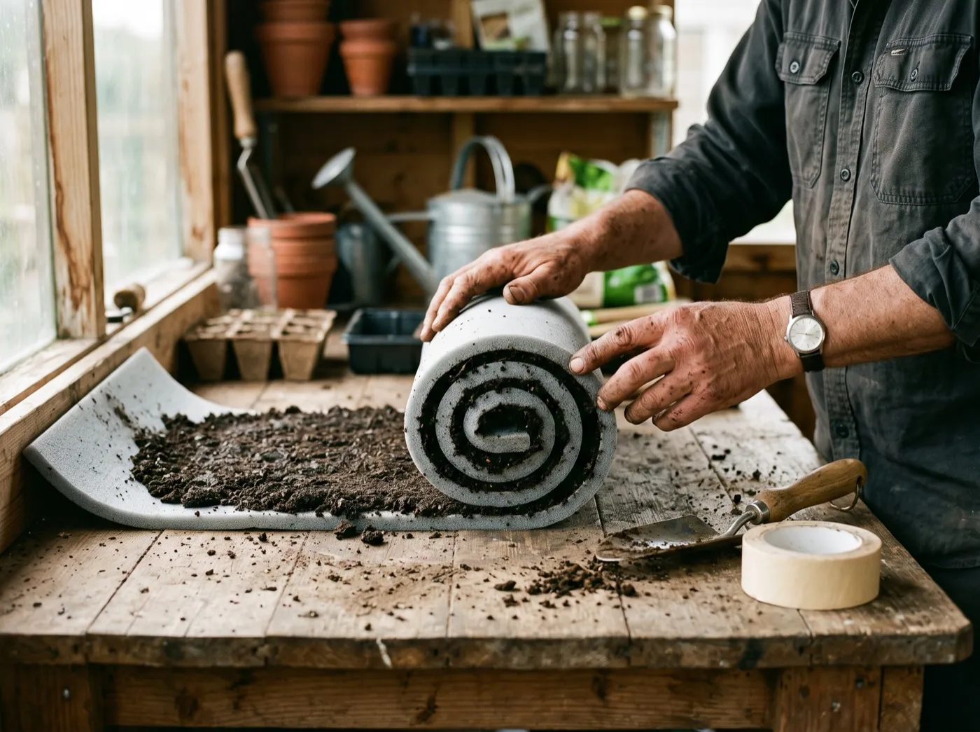 Hands rolling a strip of foam underlay spread with 2cm of moist compost into a seed snail coil