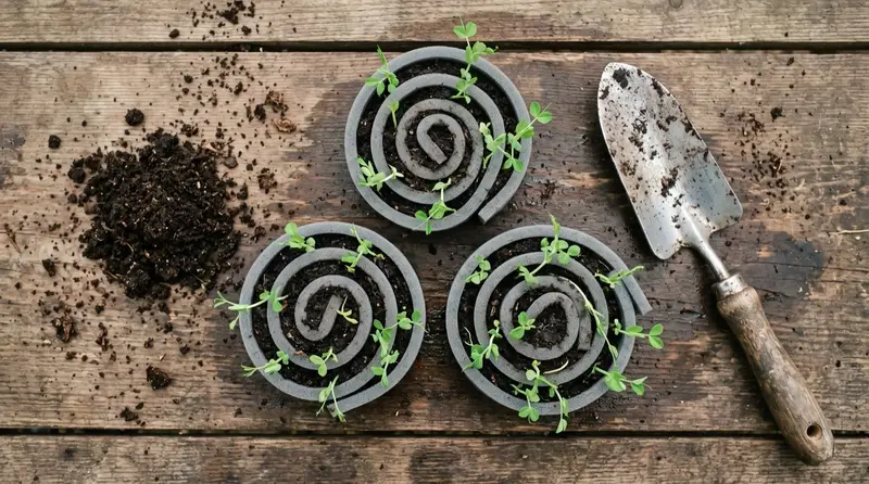 Seed snails made from rolled foam and compost standing in pots on a UK greenhouse bench