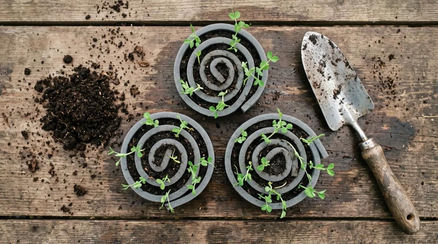 Seed snails made from rolled foam and compost standing in pots on a UK greenhouse bench