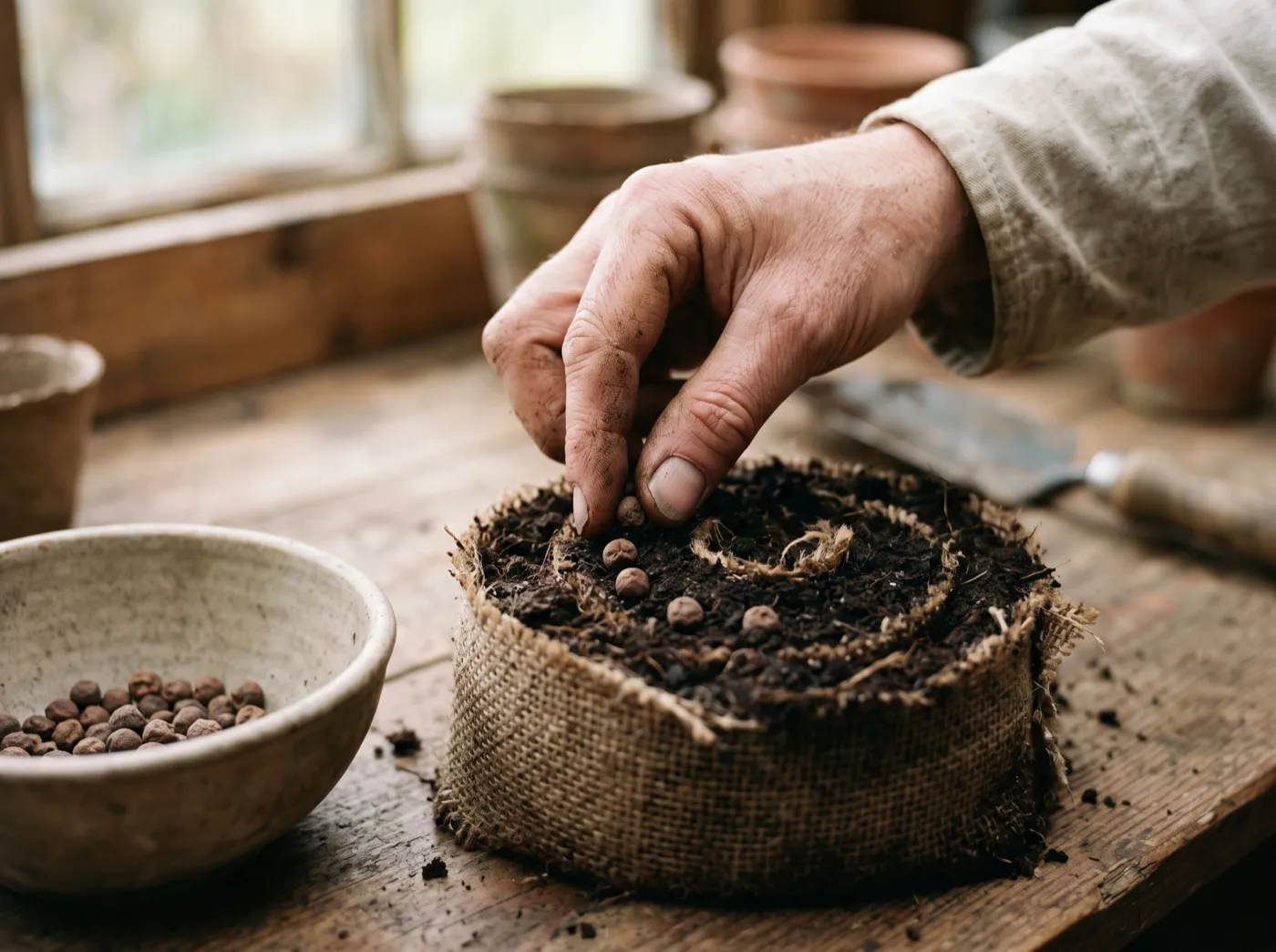 Sweet pea seeds being pushed 1.5cm deep into the spiral top face of a seed snail