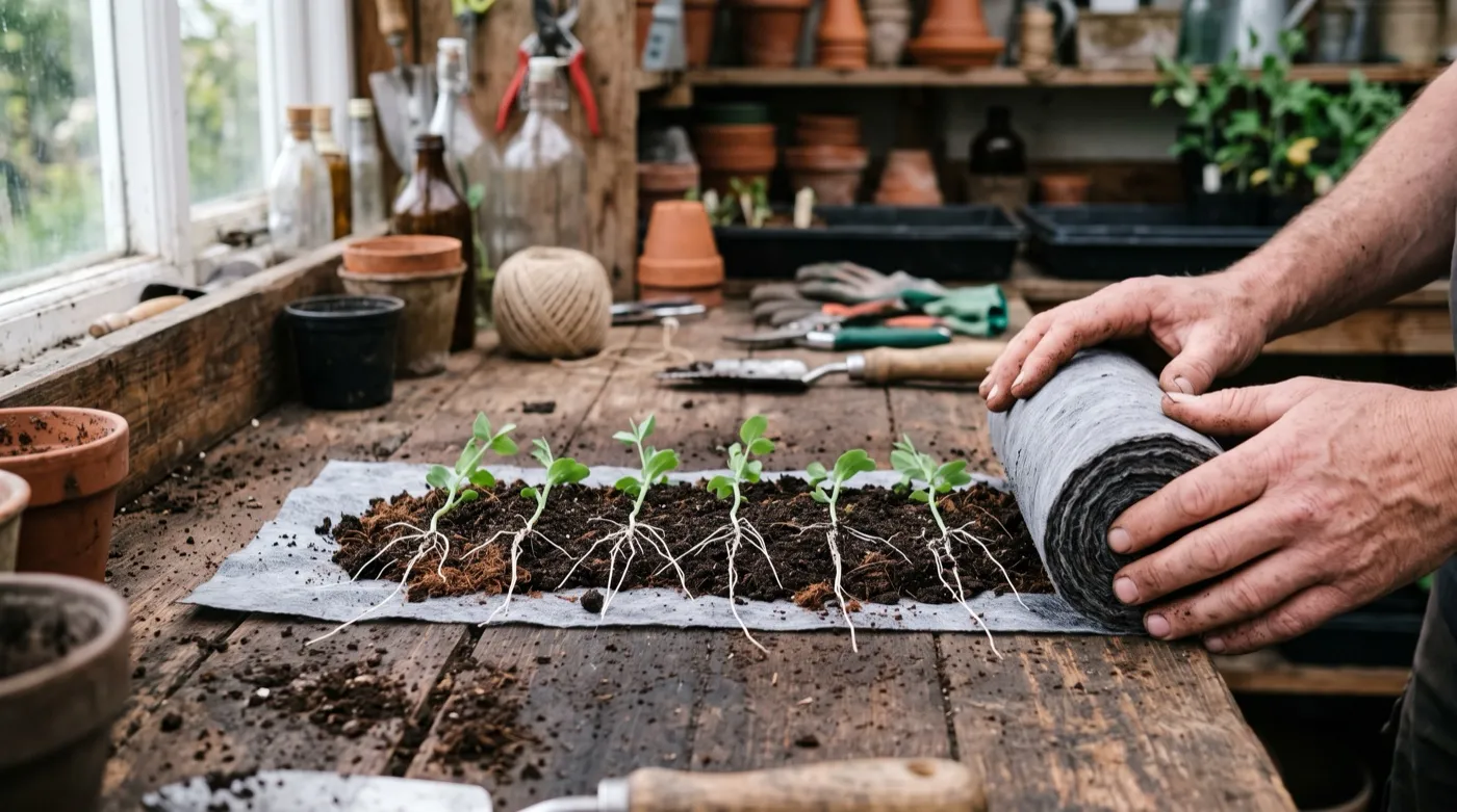 An unrolled seed snail lying flat showing a row of sweet pea seedlings with long straight white roots