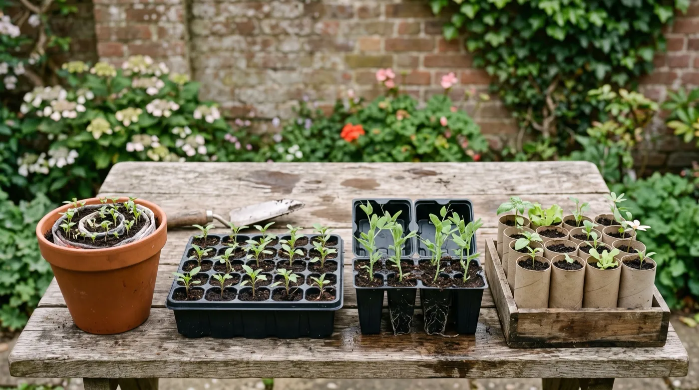 Seed snail, module tray, root trainers and cardboard tubes lined up side by side for comparison on a potting bench