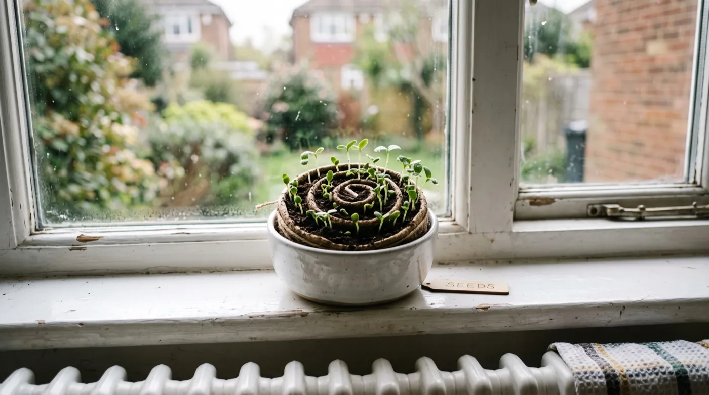 A seed snail with newly germinated seedlings on a bright kitchen windowsill above a radiator