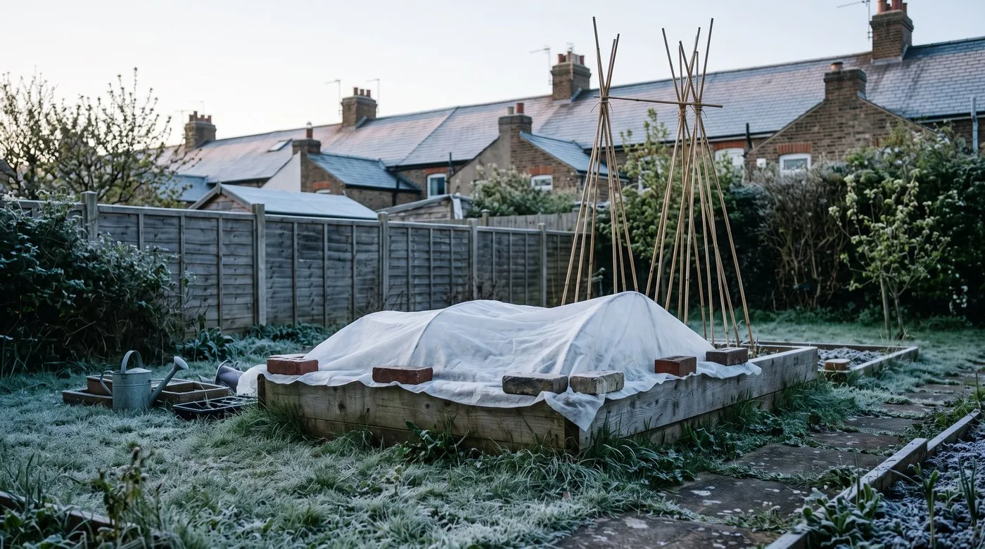 Young courgettes and runner beans covered with fleece in a raised bed after a late frost
