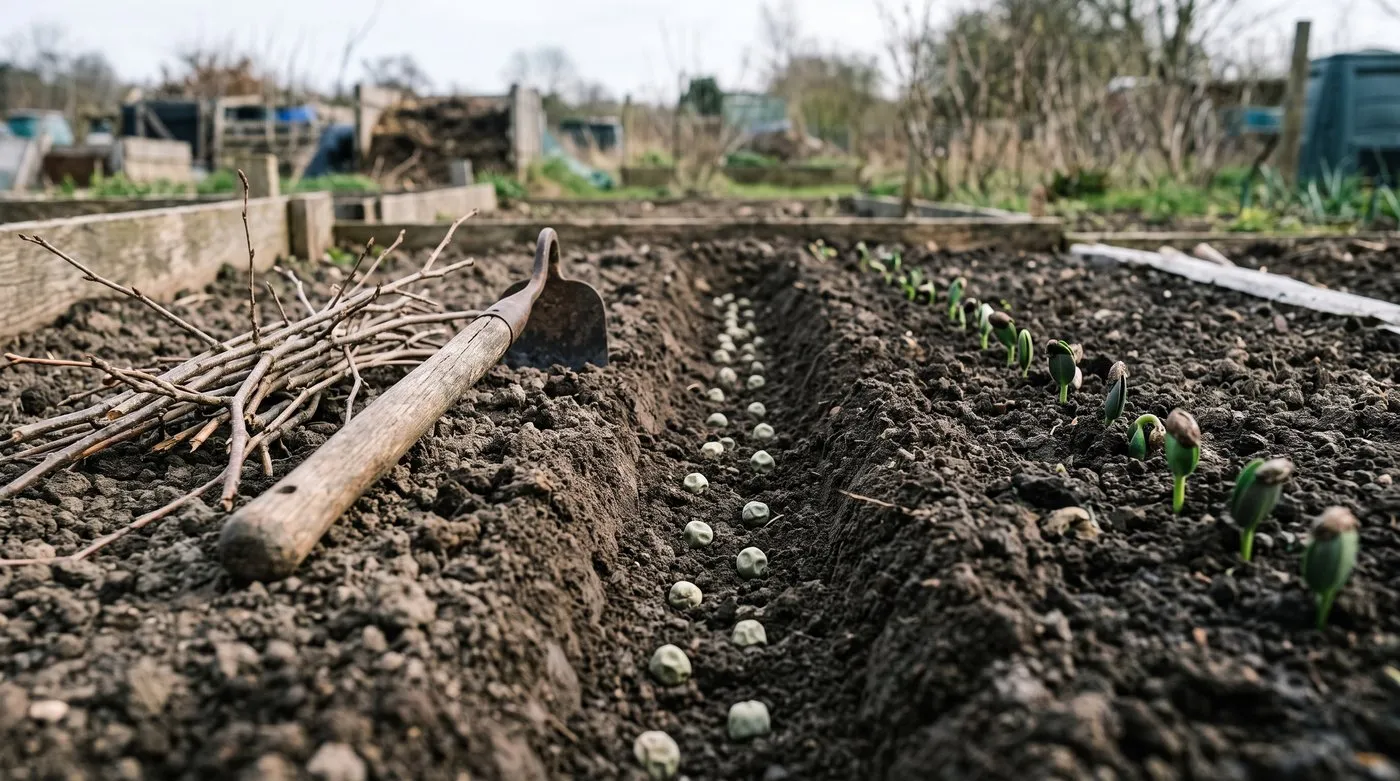Pea seeds spaced along a flat trench in a vegetable bed ready for covering in March