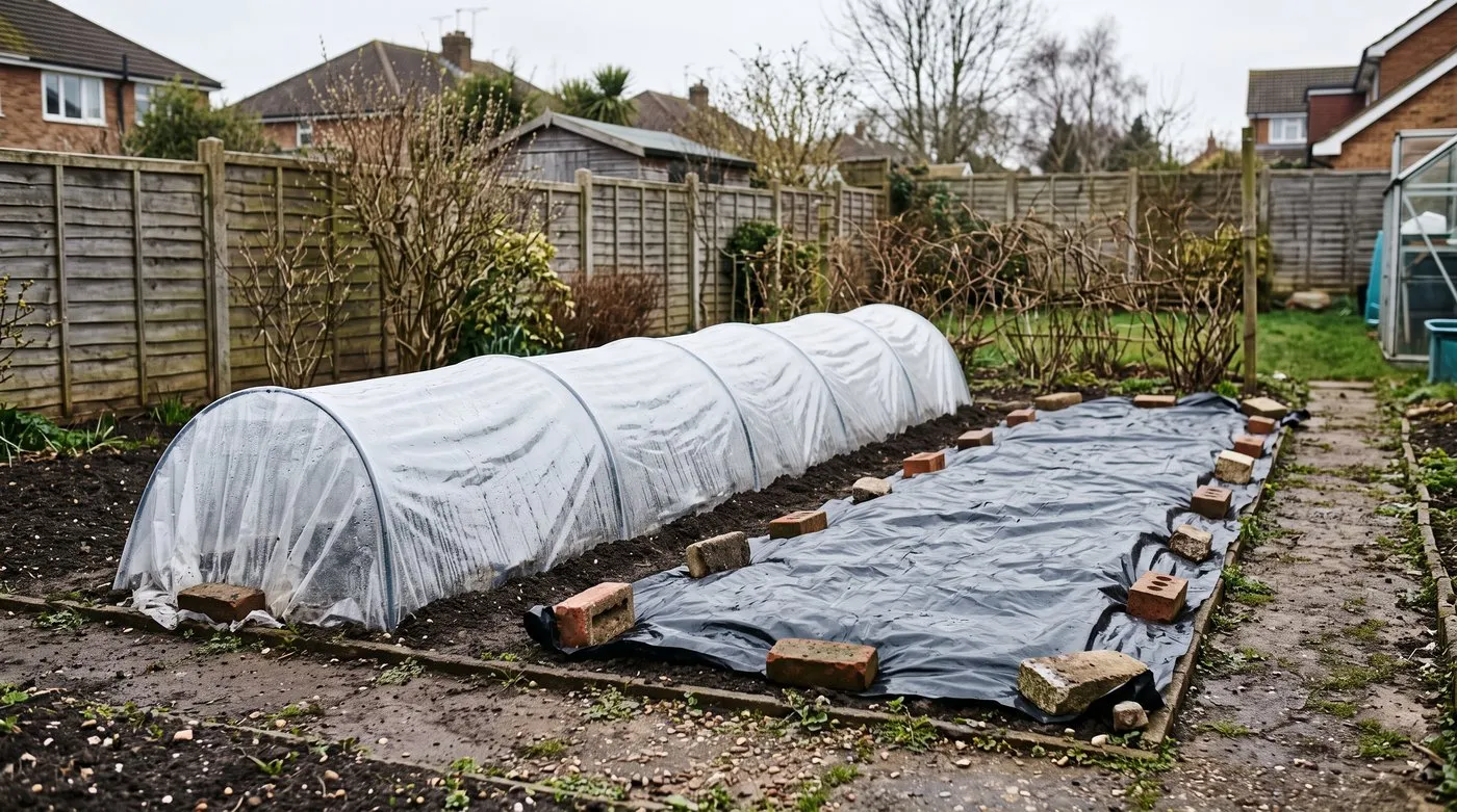 Clear cloche and black polythene warming a vegetable bed in early spring before sowing