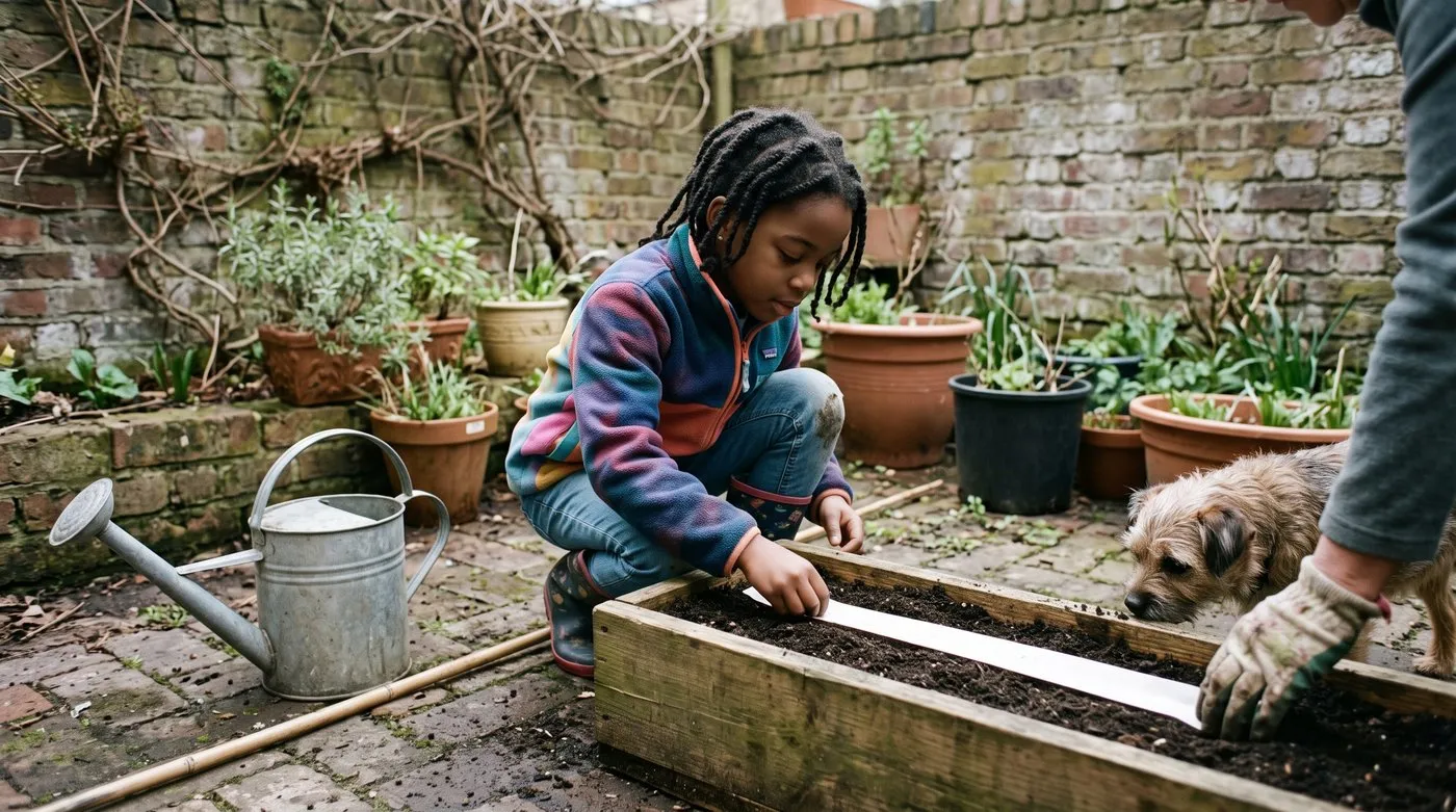 Child laying a paper seed tape in a courtyard planter while an adult holds the other end and a terrier watches