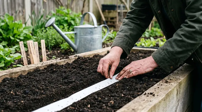 Gardener's hands laying a paper seed tape along a shallow drill in a raised bed