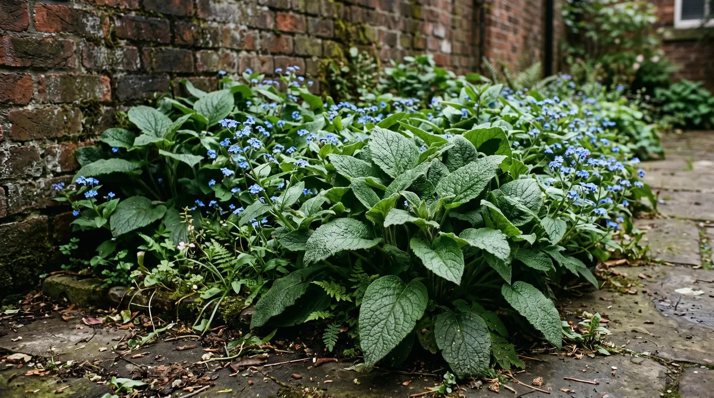 Green alkanet with hairy leaves and small bright blue flowers crowding the edge of a shady border
