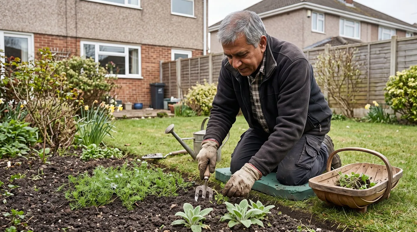 Gardener thinning self-sown nigella and foxglove seedlings in a spring border with a hand fork