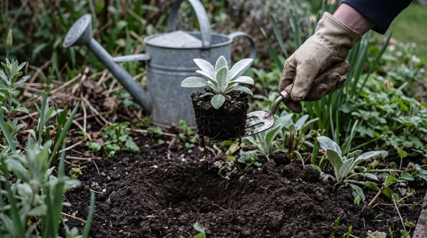 Small verbascum seedling being lifted with a hand fork and a good ball of soil