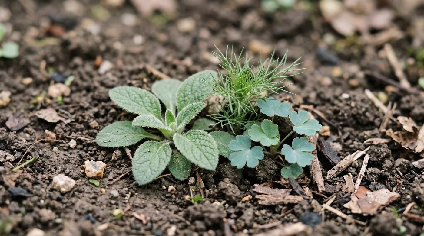 Self-sown seedlings of foxglove, nigella and aquilegia side by side in border soil