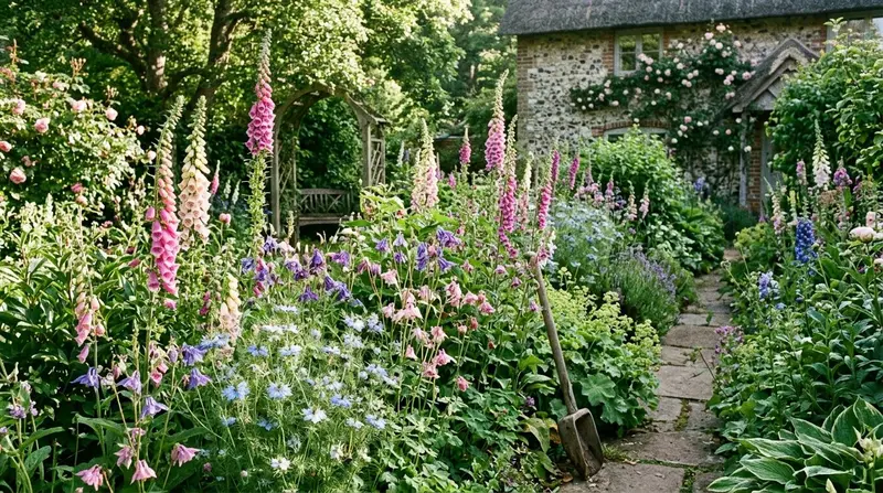 Self-seeding foxgloves aquilegia and nigella growing naturally in a British cottage garden