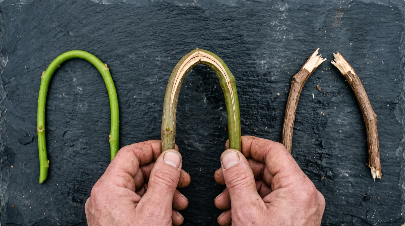 The bend test for semi-ripe cuttings showing softwood springing back, semi-ripe cracking, and hardwood snapping clean