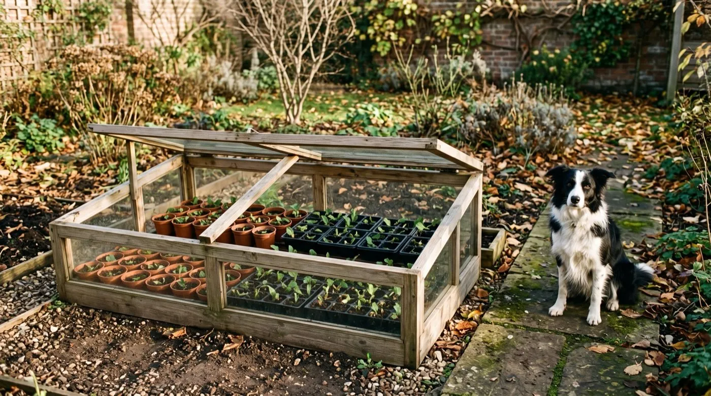 A border collie lying beside a cold frame full of rooted semi-ripe cuttings in a British garden