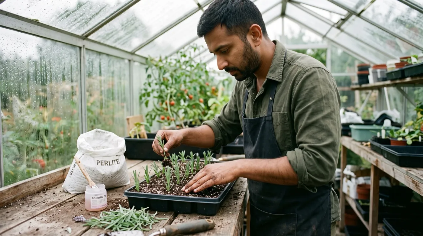 A British Indian man in his thirties preparing a tray of semi-ripe cuttings on a potting bench