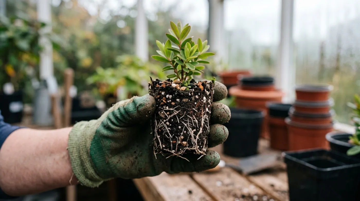 A rooted semi-ripe hebe cutting knocked out of its pot showing white root tips through the compost
