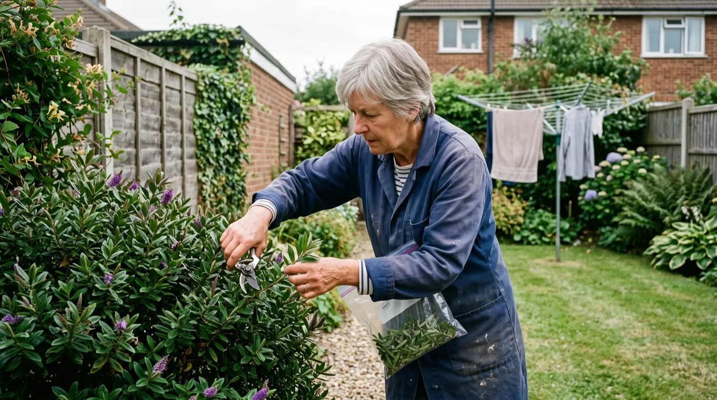 A woman in her sixties taking semi-ripe cuttings from a hebe in a suburban UK garden in late August