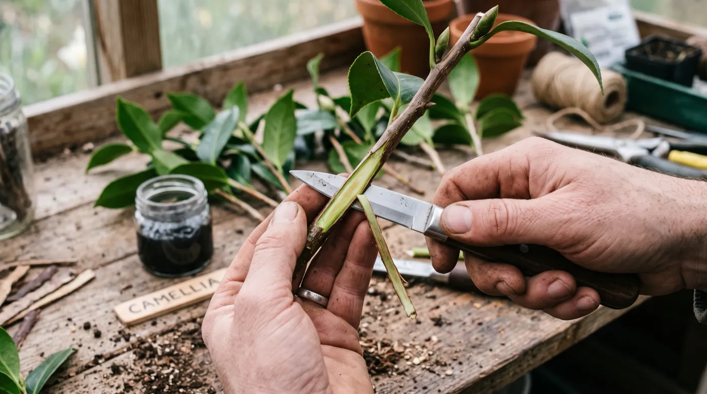 Wounding a semi-ripe cutting by slicing a 2.5cm sliver of bark from the base to expose the cambium