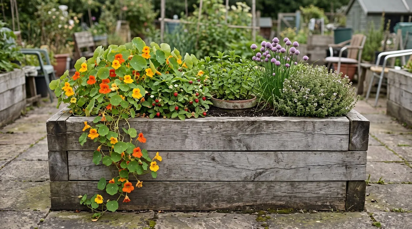 Raised sensory tasting bed with mint, alpine strawberries, nasturtiums, chives and thyme