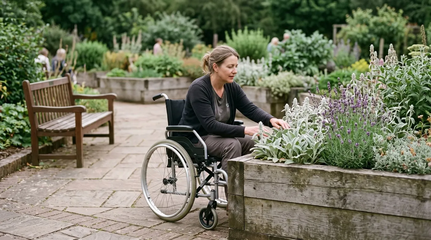 Woman in a wheelchair at a raised sensory garden bed, touching lamb's ear and lavender