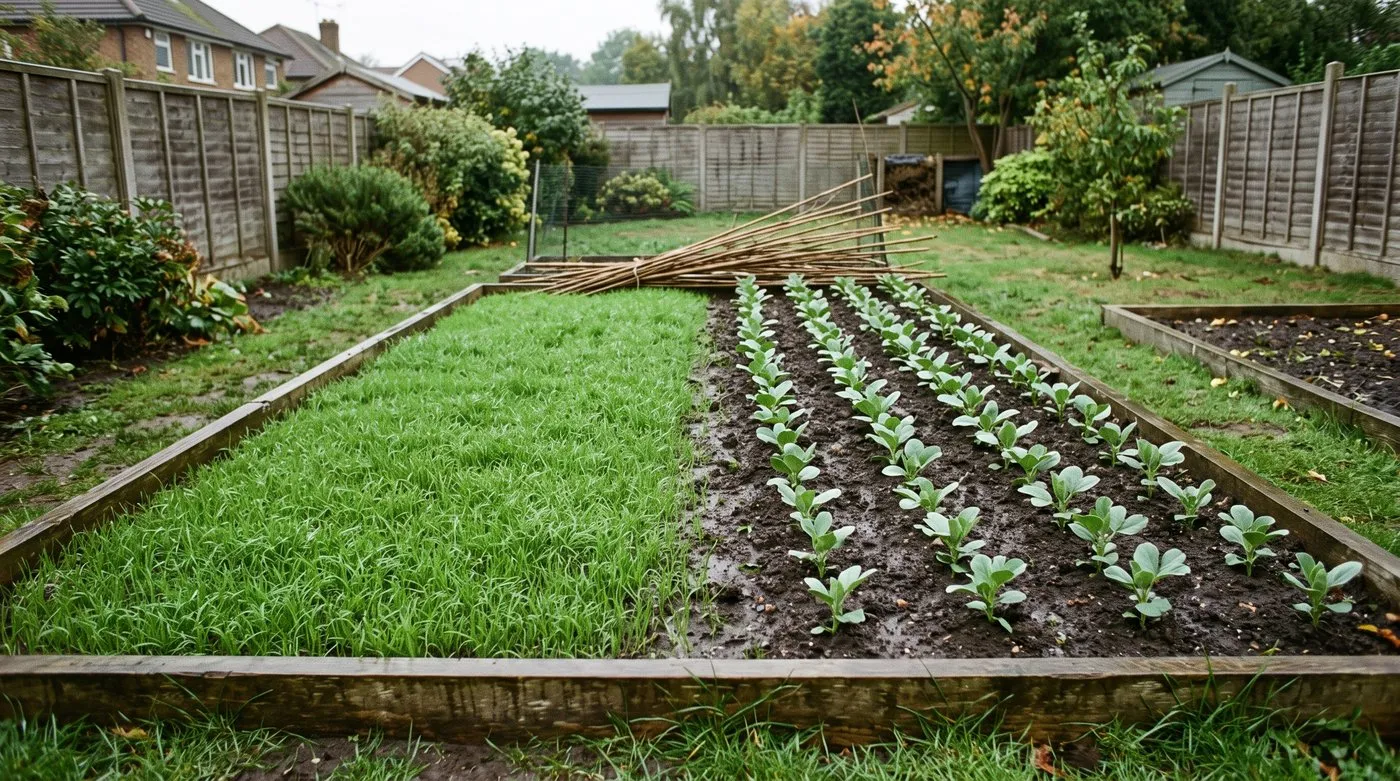 Empty vegetable bed sown with young field bean and grazing rye green manure in late September