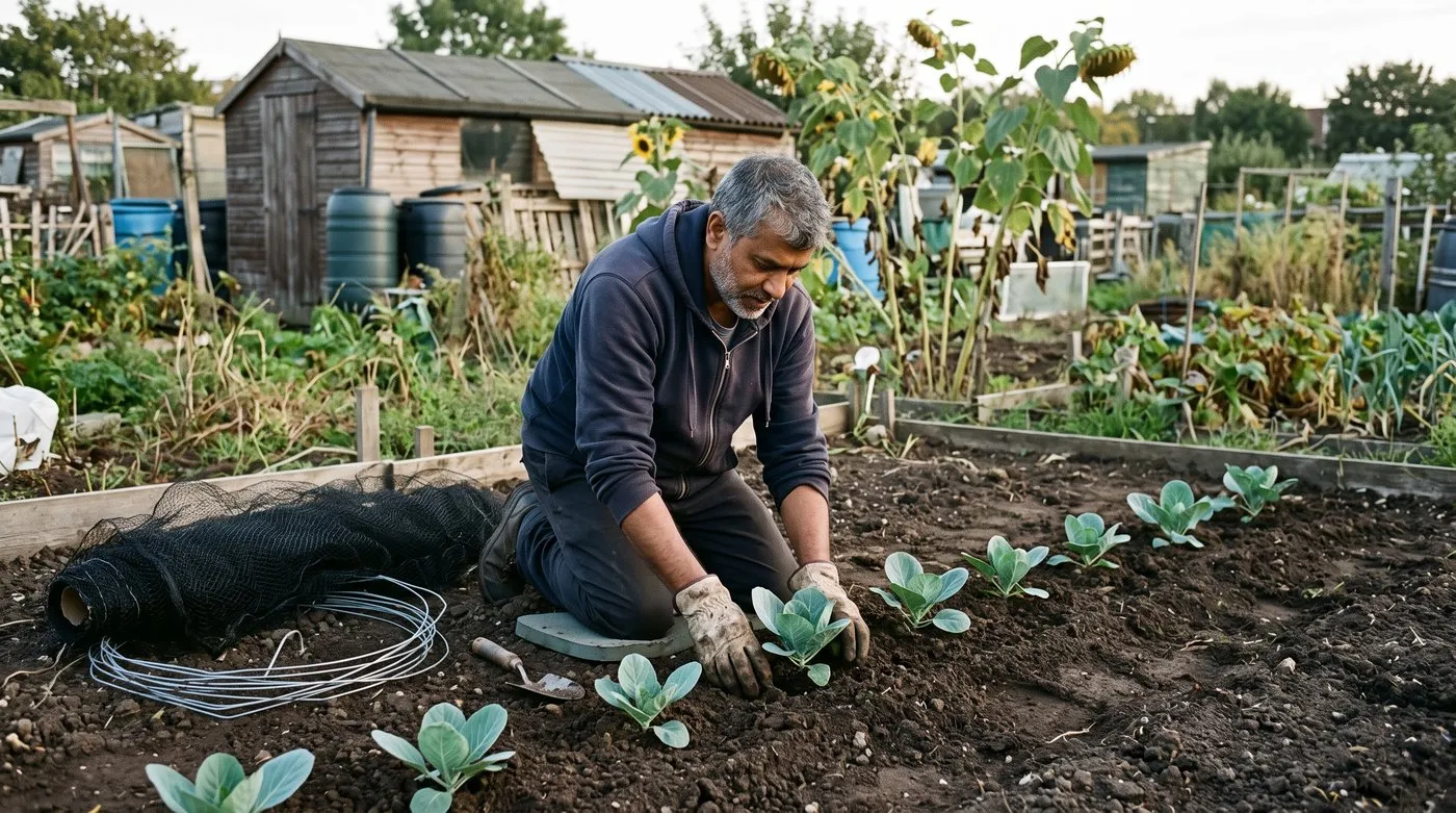 Man planting young spring cabbage plants 30cm apart on an allotment with netting ready