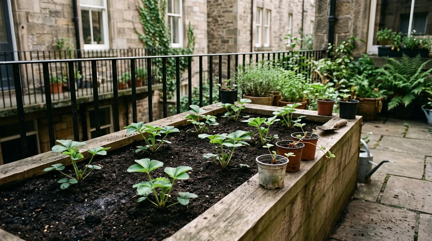 Young strawberry plants set out in a raised bed with crowns at soil level in September