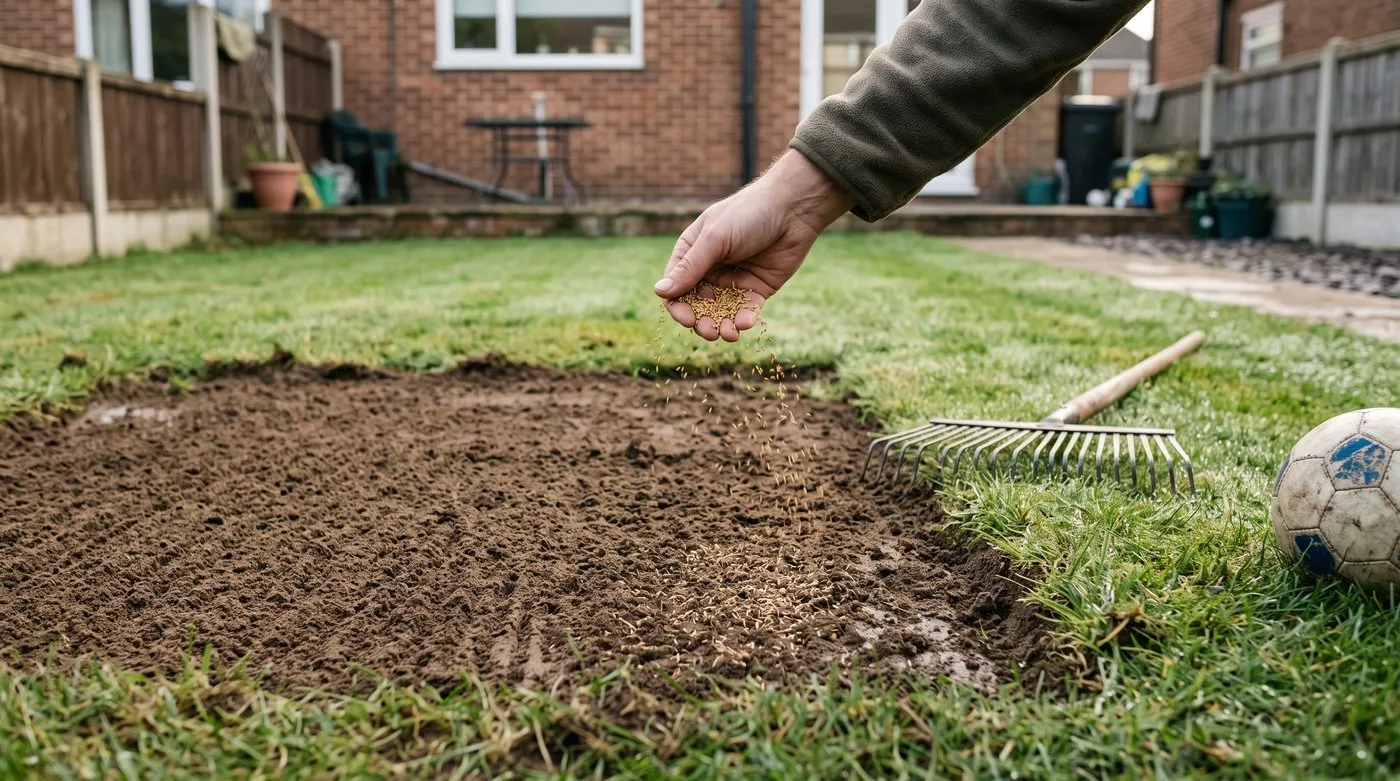 Hand scattering grass seed over a raked bare patch in a family lawn in September