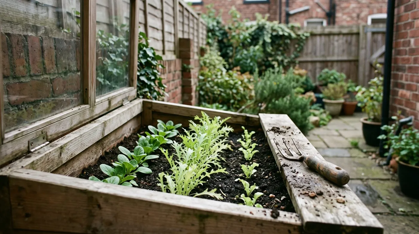 Rows of young lamb's lettuce, mizuna and winter lettuce seedlings in a cold frame in September