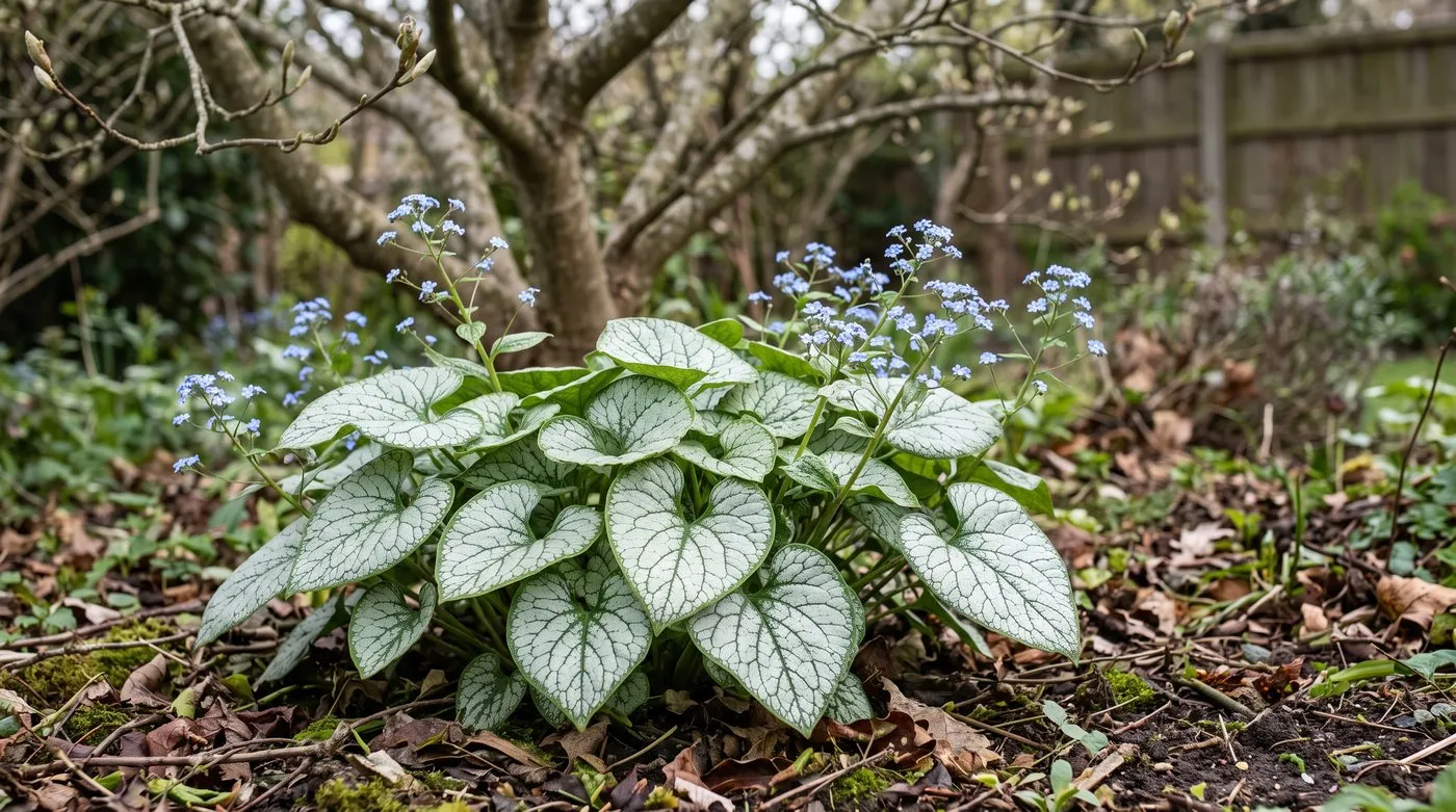 Brunnera Jack Frost with silver heart-shaped leaves and tiny blue flowers lighting up a shady border