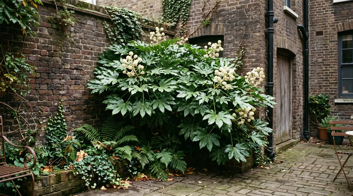 Fatsia japonica with huge glossy leaves and white autumn flowers in a shady city courtyard