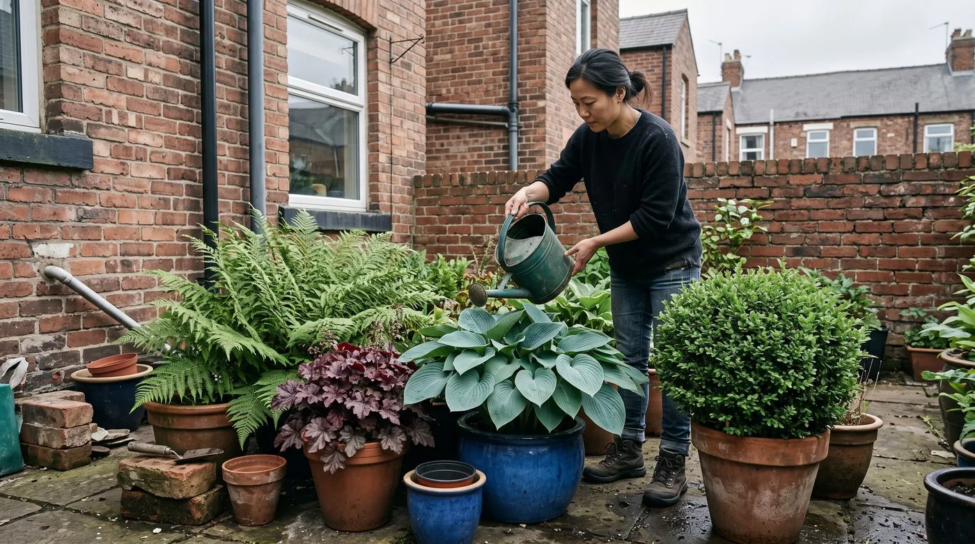 Woman watering potted hosta, fern, heuchera and box in a shady north-facing yard