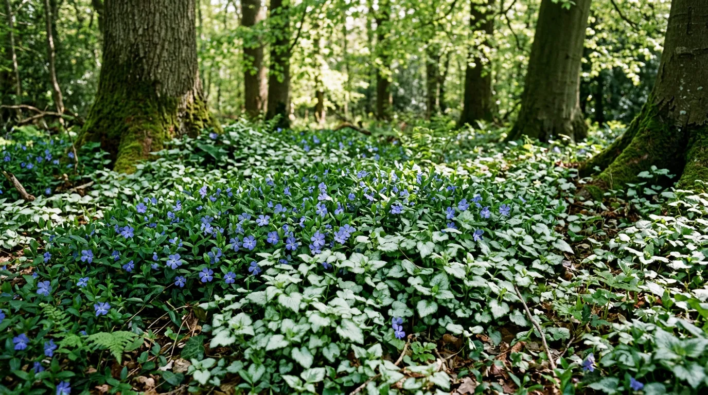 Ground cover plants filling a shady area beneath trees with vinca and lamium creating a carpet effect