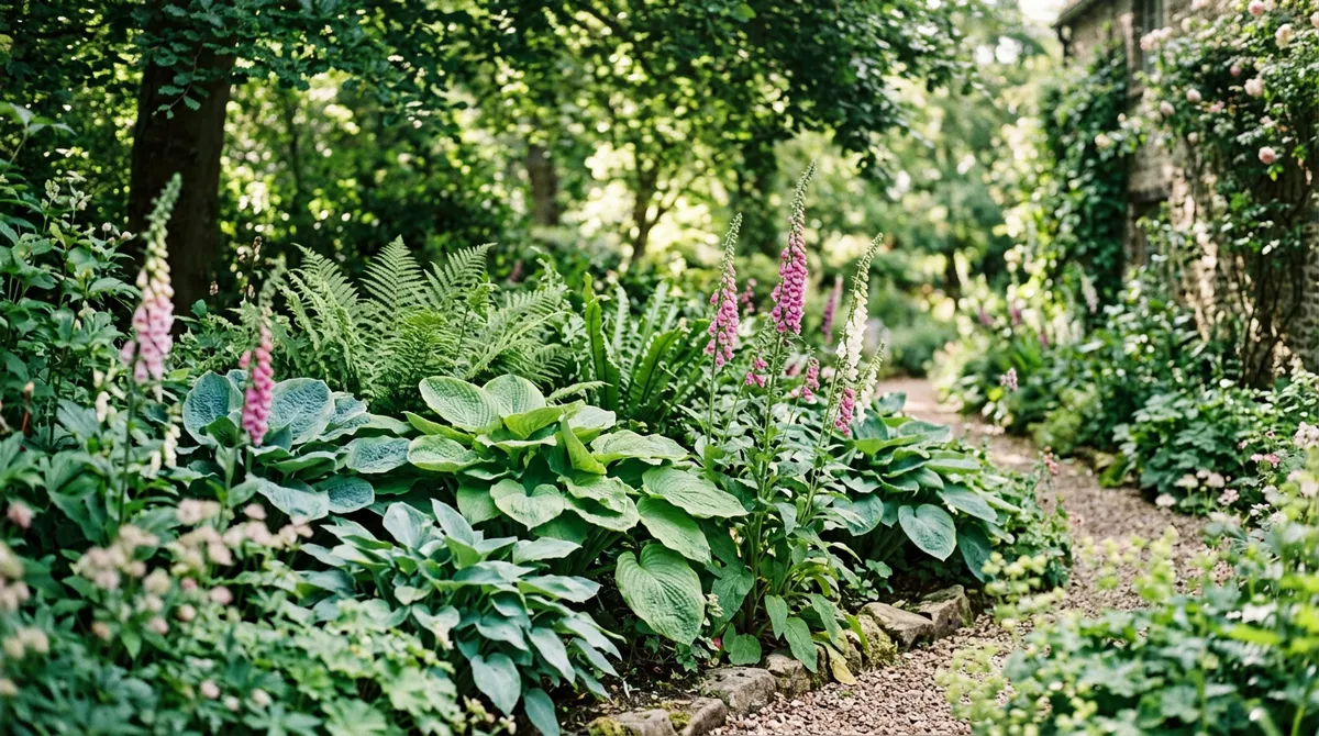 Lush shade garden border with hostas ferns and foxgloves under dappled tree canopy light
