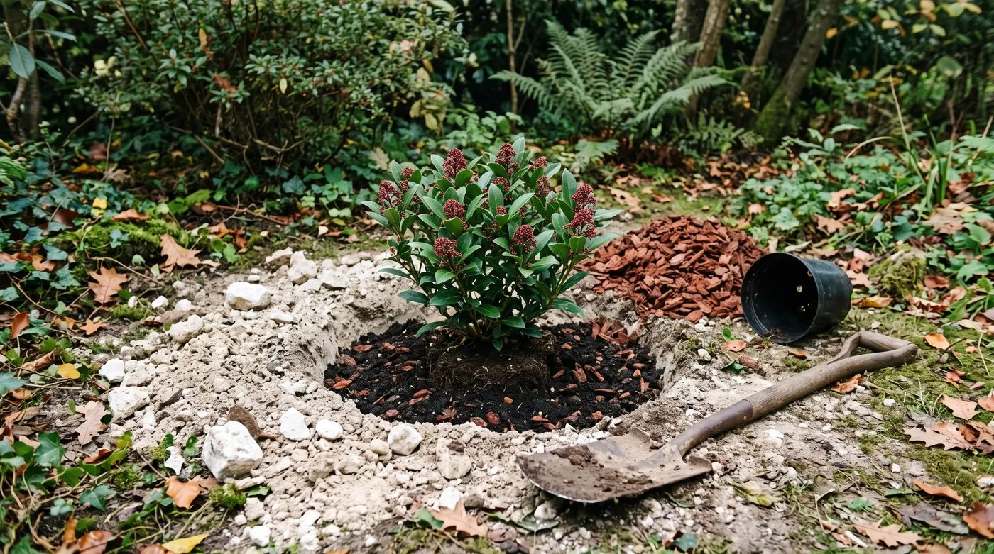 Skimmia planted in a pocket of dark ericaceous compost dug into pale chalky soil in a shady border