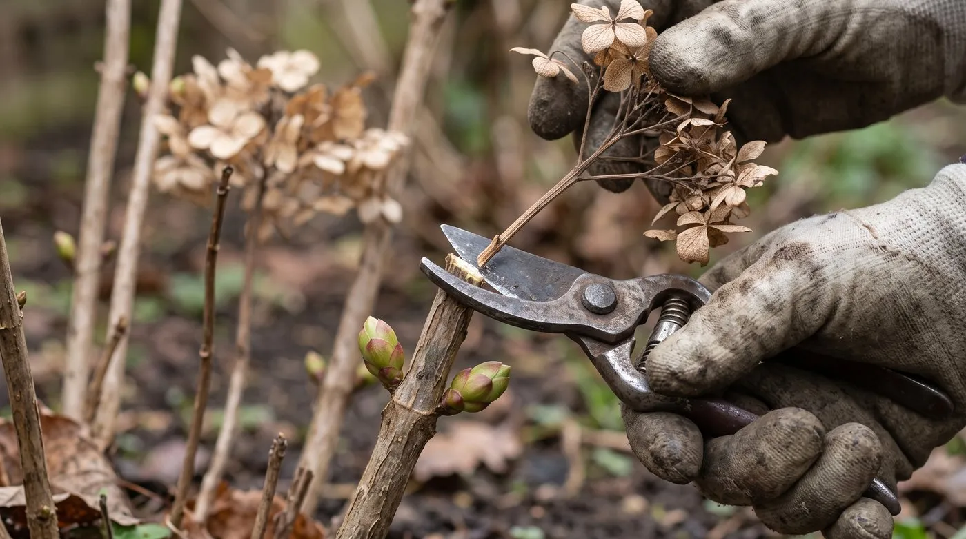 Hydrangea stem cut back in March to just above a fat pair of healthy buds, removing the old flower head