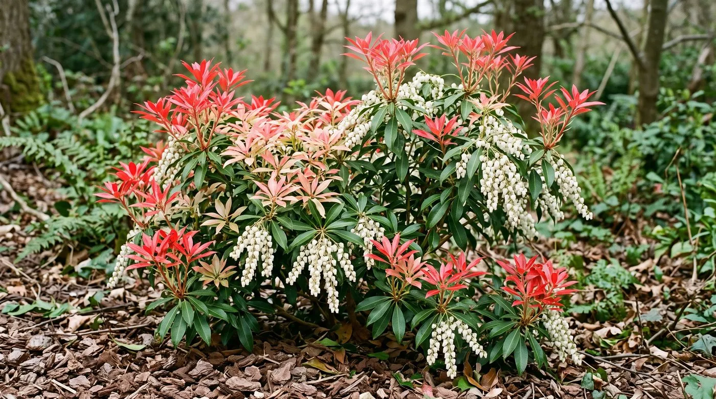 Pieris Forest Flame with bright red new leaves and white bell flowers in a part-shaded border