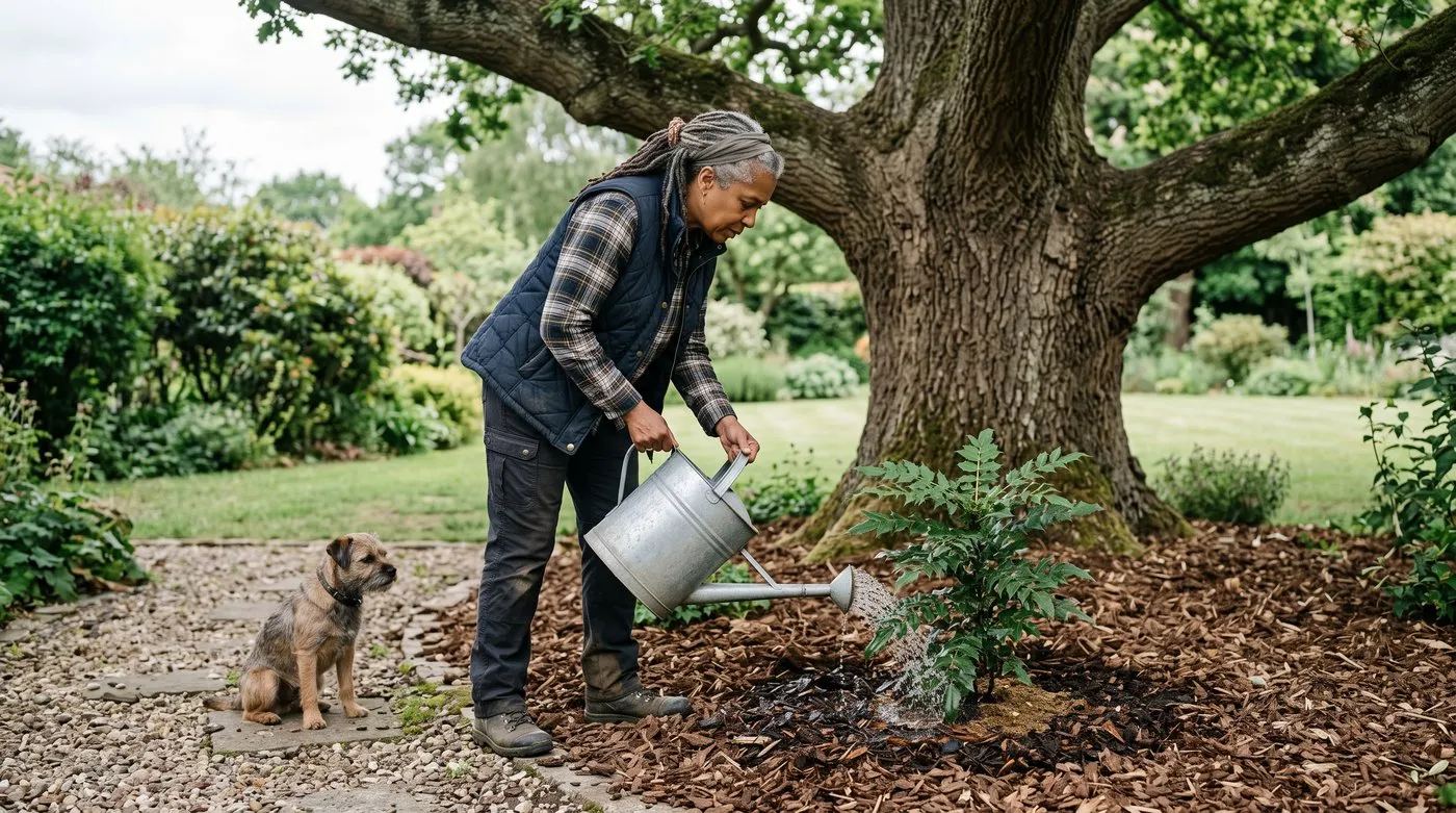 Woman watering a new shrub in thick bark mulch under an oak tree in dry shade, with a terrier watching