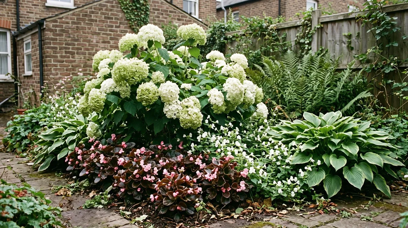 Bedding begonias planted at the feet of a white Hydrangea 'Annabelle' with torenia and hostas