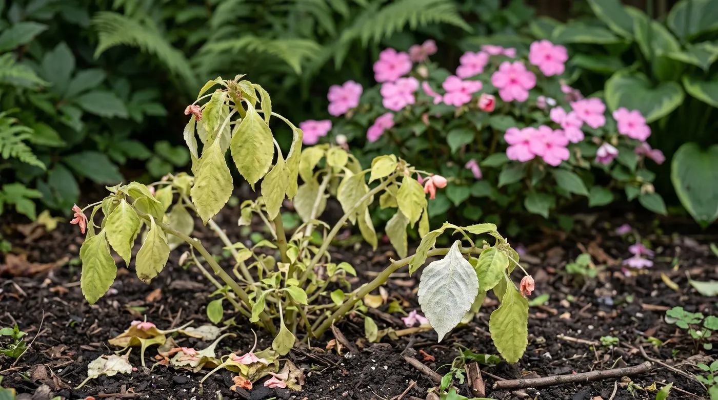 Busy lizzie with yellowing, curled leaves and white fuzz underneath from impatiens downy mildew