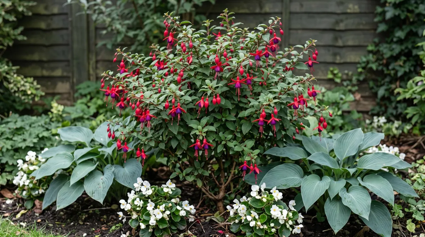 Upright fuchsia with red and purple dangling flowers among hostas in a part-shaded border