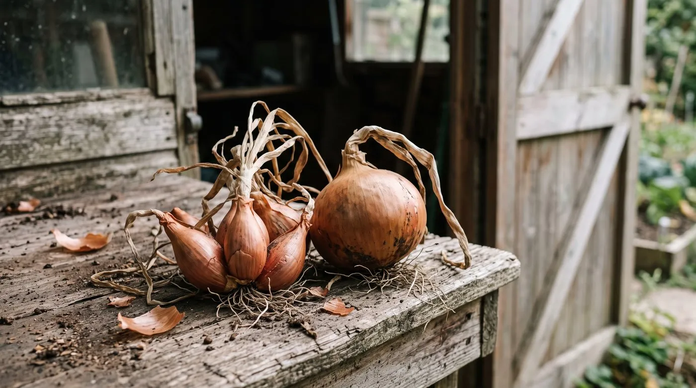 A cluster of shallots from one set next to a single onion from one set