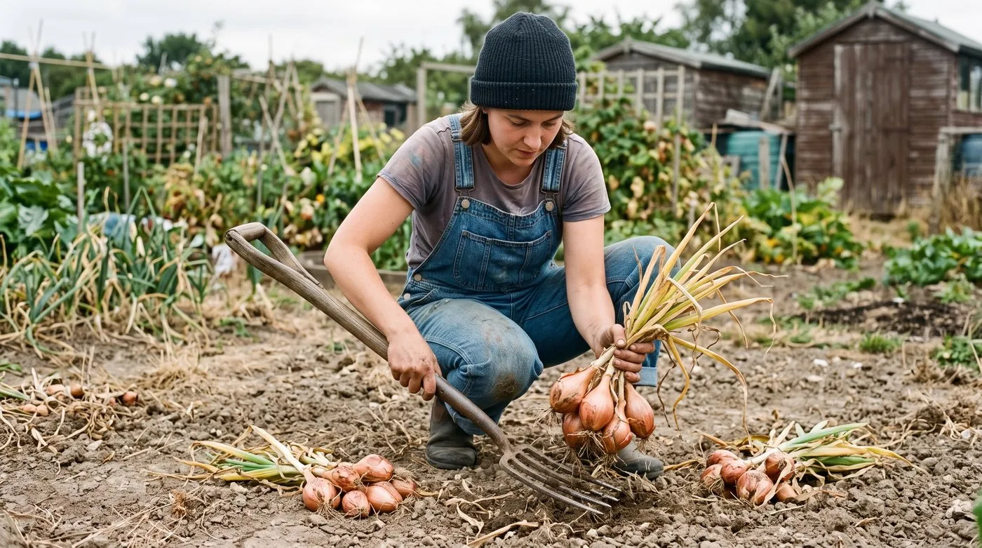 Woman lifting a cluster of copper-skinned shallots from the soil with a garden fork