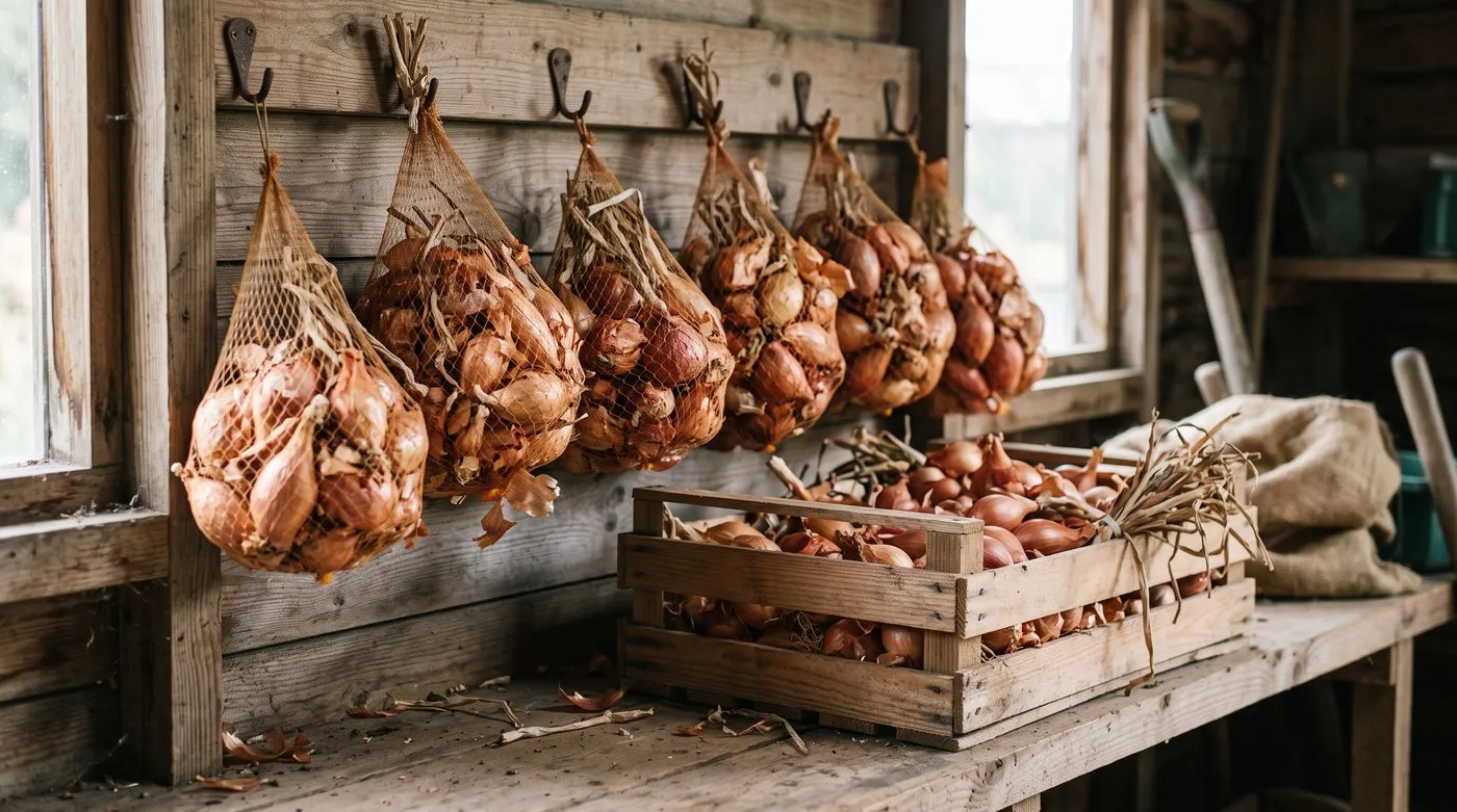 Nets of dried golden and red shallots hanging to store in a cool, airy garage