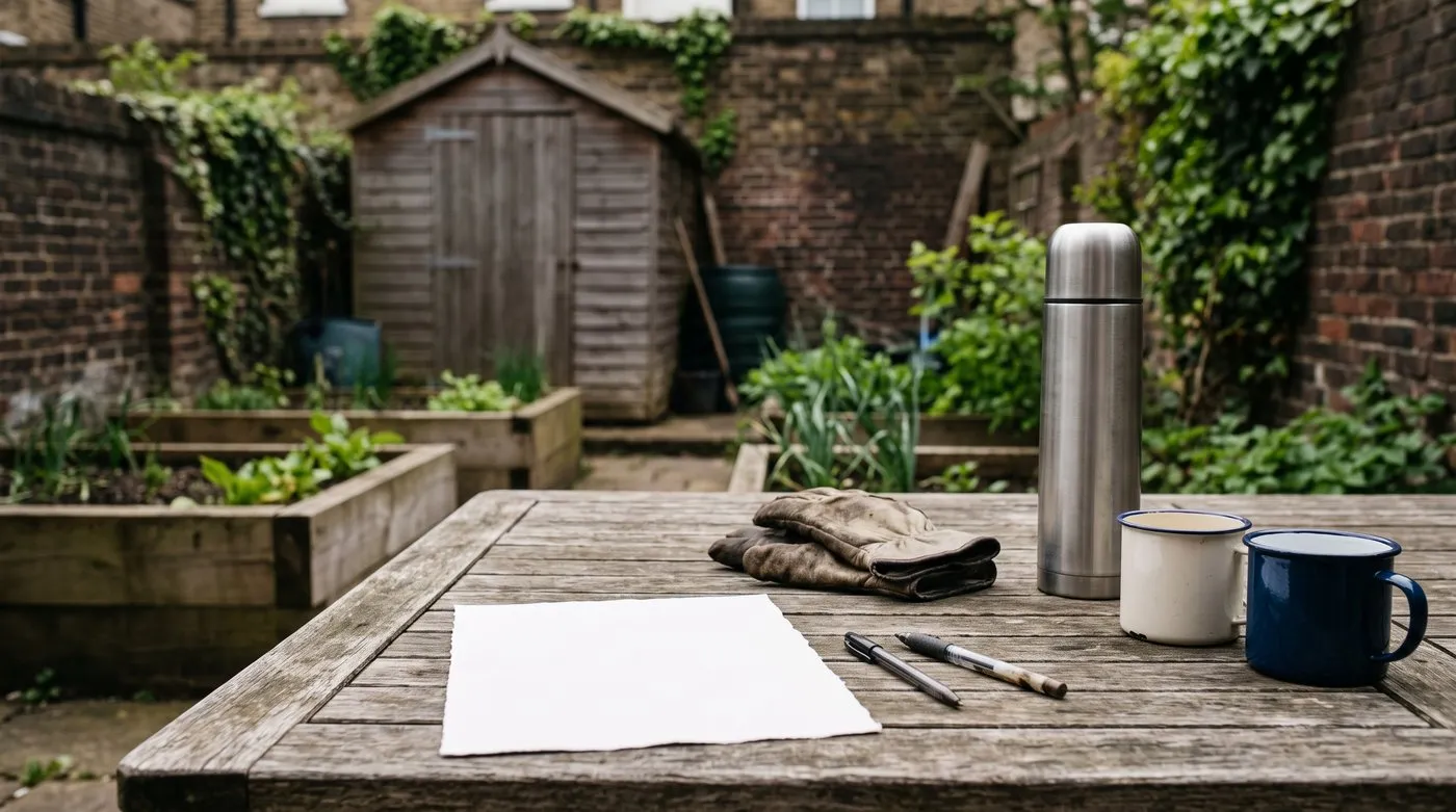 A sheet of paper, pens, gardening gloves and a flask on a garden table beside raised vegetable beds