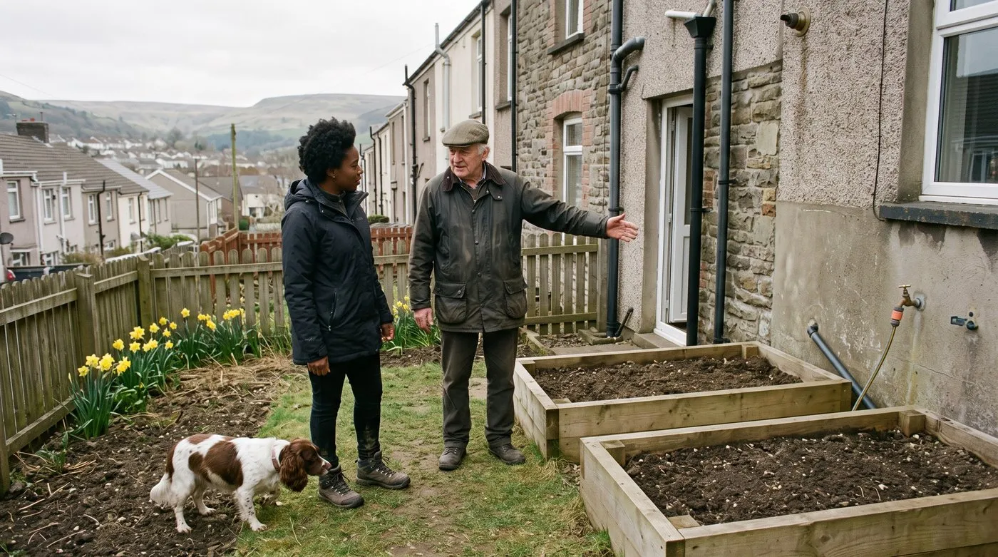Garden owner showing a prospective grower his empty raised beds and outside tap on a first visit