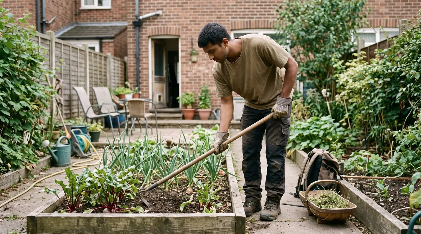 Young grower hoeing between rows of onions and beetroot in a raised bed in a shared back garden