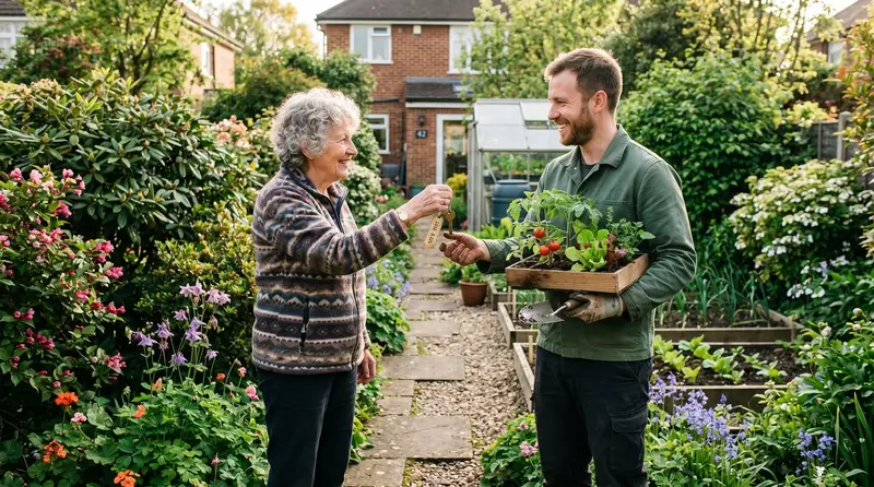 Older garden owner handing a side-gate key to a younger grower holding seedlings in a suburban UK back garden